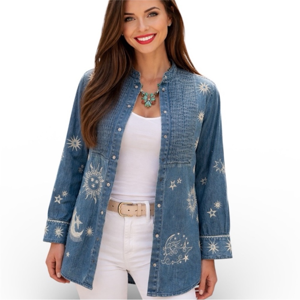 Johnny Was Biya Denim Embroidered Andromeda Tuxedo Blouse/Jacket NWT